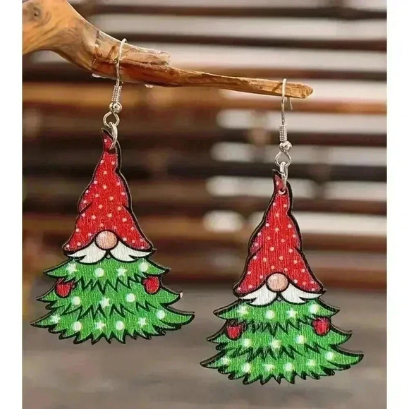 Santa Claus Christmas Tree Dangle Earrings Festive Red & Green Holiday Gift - Picture 2 of 3